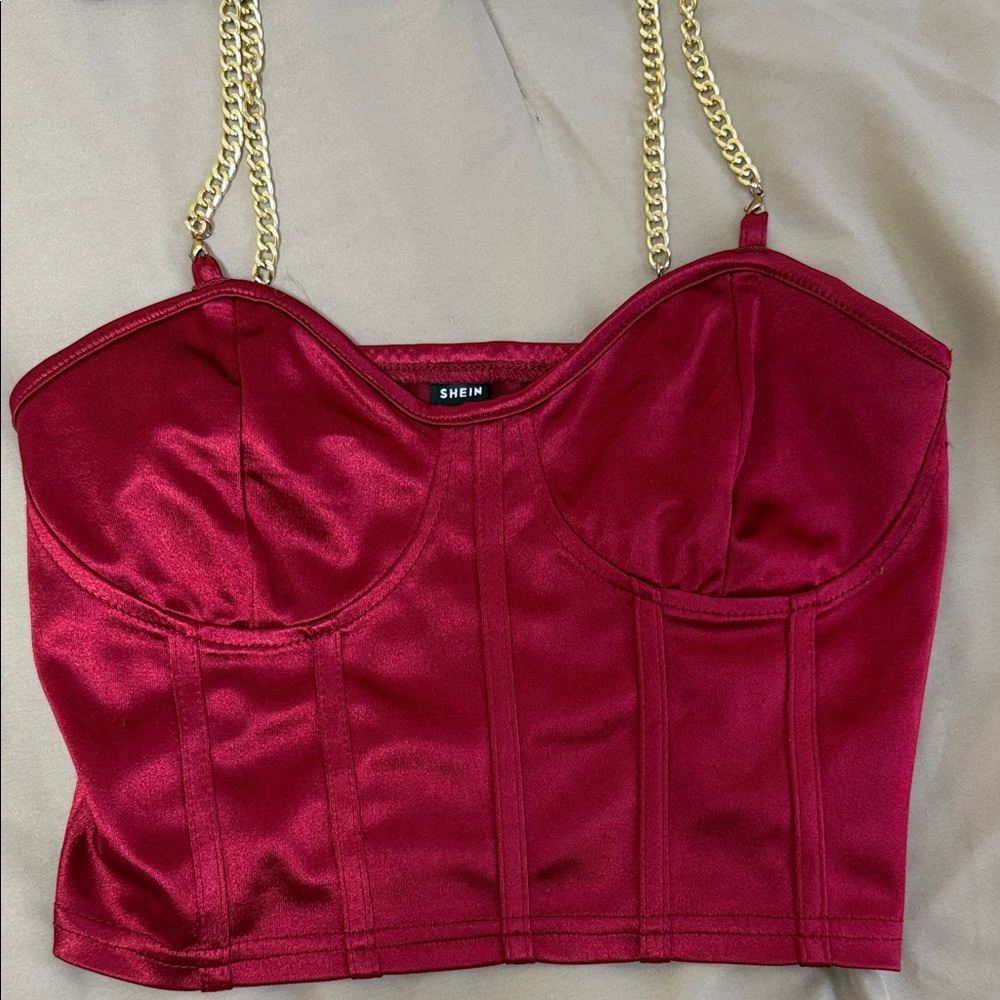 SHEIN Burgundy Satin Crop Top with Gold Chain Straps